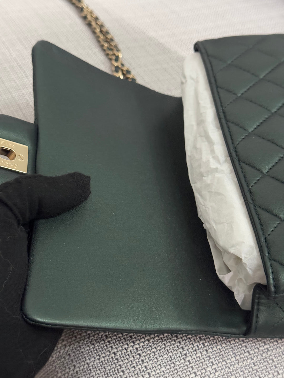 Chanel Iridescent Dark Green Lambskin Mini Rectangular Flap Bag with Top Handle and Champagne GHW