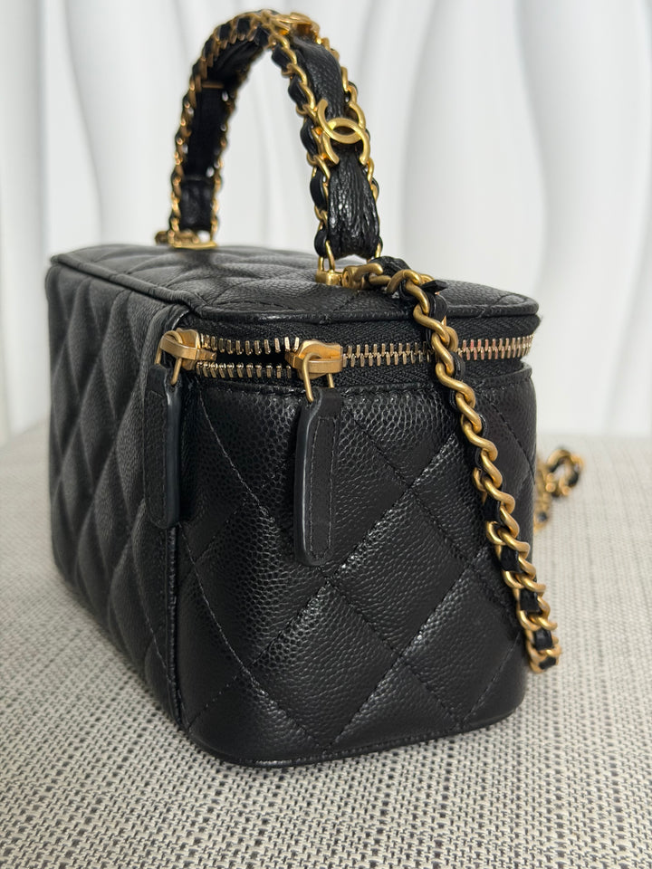 CHANEL Black Caviar Metal Top Handle Small Vanity with Chain 2025 Aged GHW