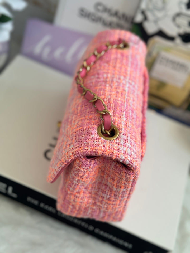 Chanel 24C 2024 Cruise Collection Tweed Pink Orange White Mini Rectangular Flap Bag with Aged GHW