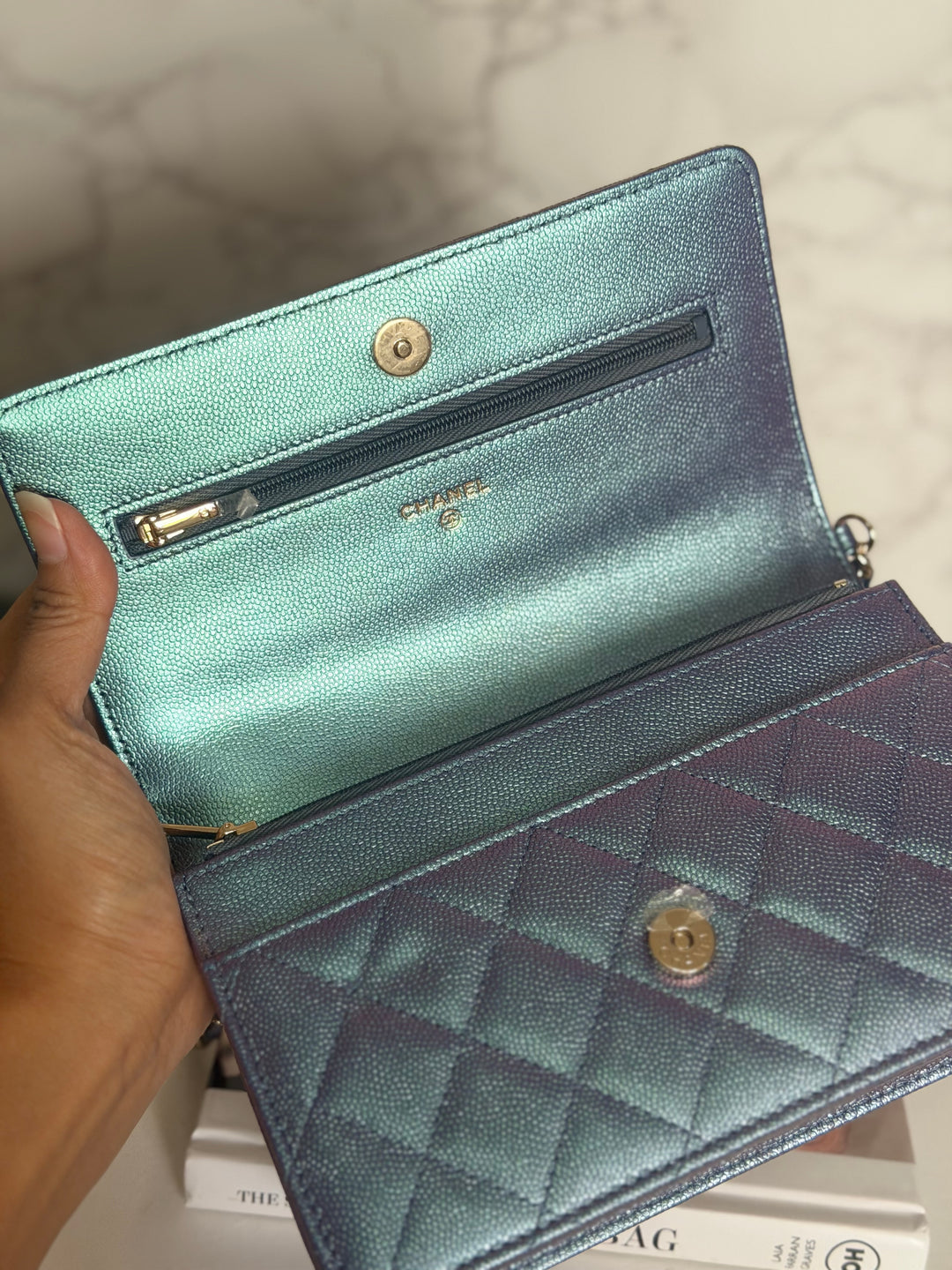 CHANEL 22P Iridescent Purple Caviar LGHW 2022 Classic Wallet On Chain (WOC)