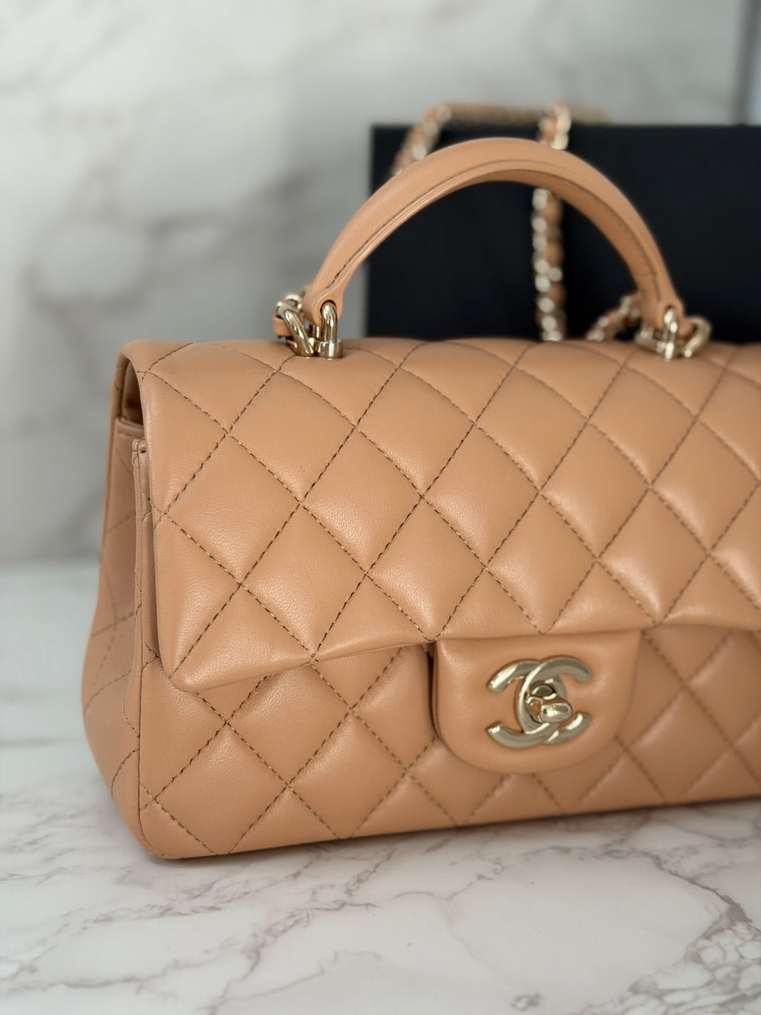 CHANEL 23K 2023 Dark Beige NR649 Lambskin LGHW Mini Rectangular Flap Bag with Top Handle