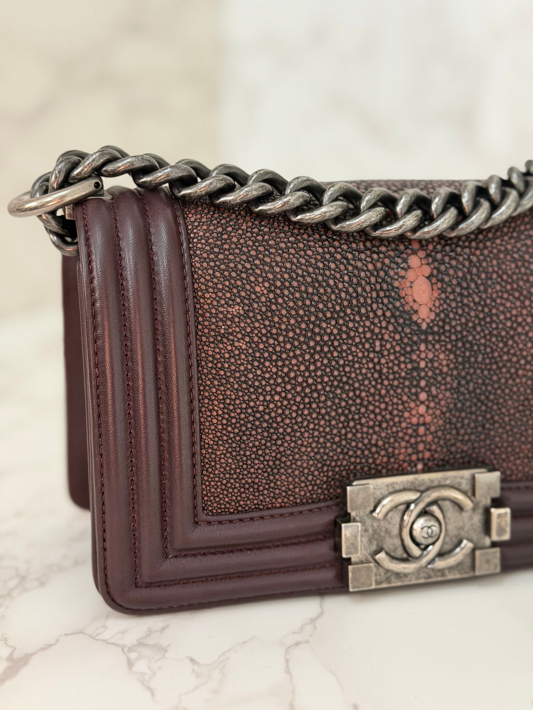 Chanel series 21 2015 Burgundy Lambskin Stingray SMALL Le Boy Flap Bag with Ruthenium HW