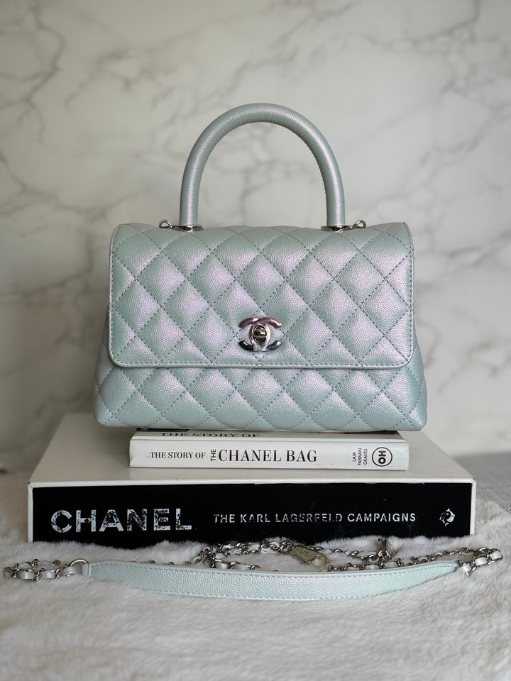 CHANEL 21K iridescent Light Blue Caviar Rainbow and shiny SHW Coco Handle Flap Bag size Small 2021