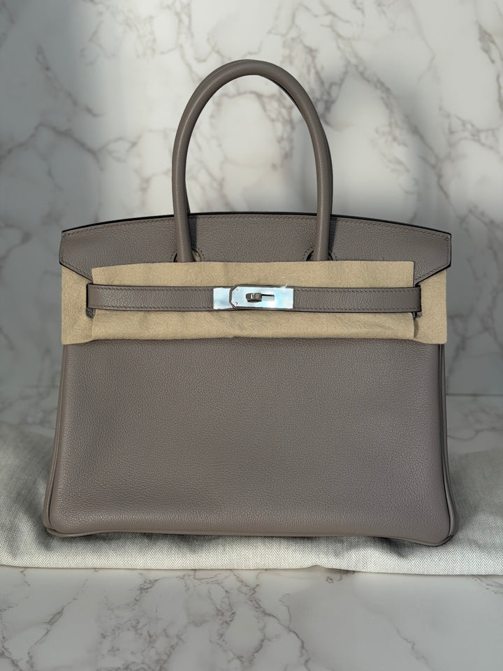 HERMES Gris Asphalt Leather Birkin 30 Bag Palladium Hardware Stamp D 2019