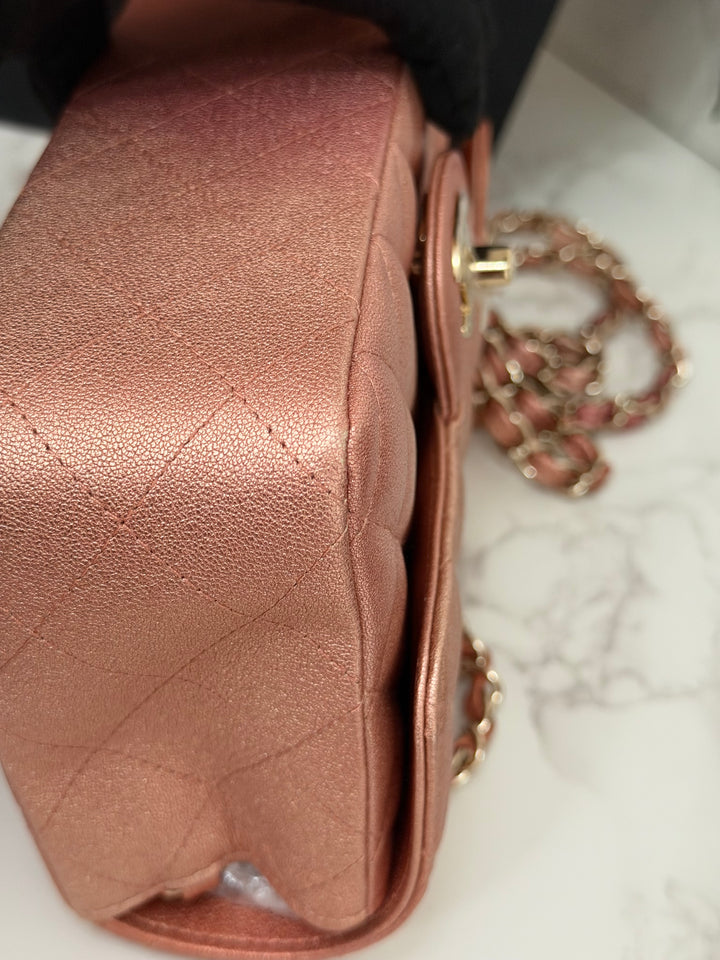 CHANEL 21S Ombré Rose Gold Metallic Copper Lambskin LGHW Mini Rectangular Flap Bag 2021