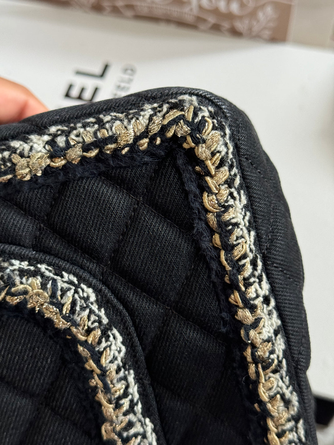 Chanel series 26 Black Denim LGHW Braided in Gold/White/Black Medium Flap Bag