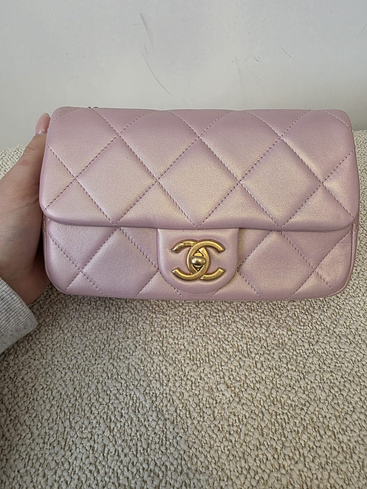 CHANEL 23S Adjustable Pearl Mini (8.25 inches) Rectangular Flap Bag with Pink Lambskin Aged GHW