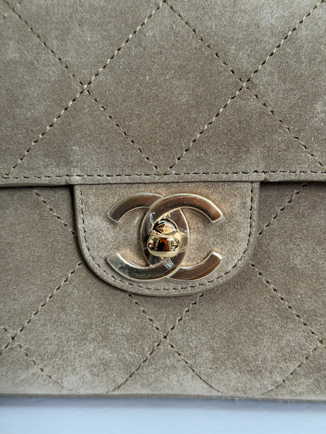 CHANEL 26S Beige Suede Leather LGHW Maxi Flap Bag 32 cms