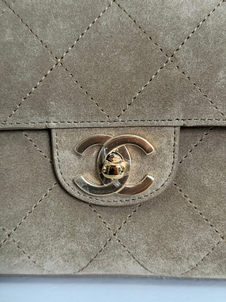 CHANEL 26S Beige Suede Leather LGHW Maxi Flap Bag 32 cms