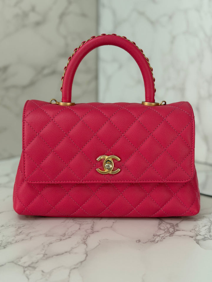 Chanel 23P Collection 2023 Dark Pink Caviar Aged GHW Coco Handle with Detachable Strap and enchained handle size Small