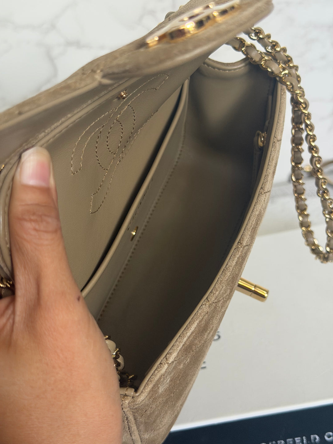 CHANEL 26B Beige Suede Matthie Blazy Mini Flap Bag GHW 2026