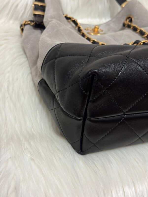 CHANEL 2025 25A collection Grey Suede Black Calf skin Leather Hobo Bag size Small