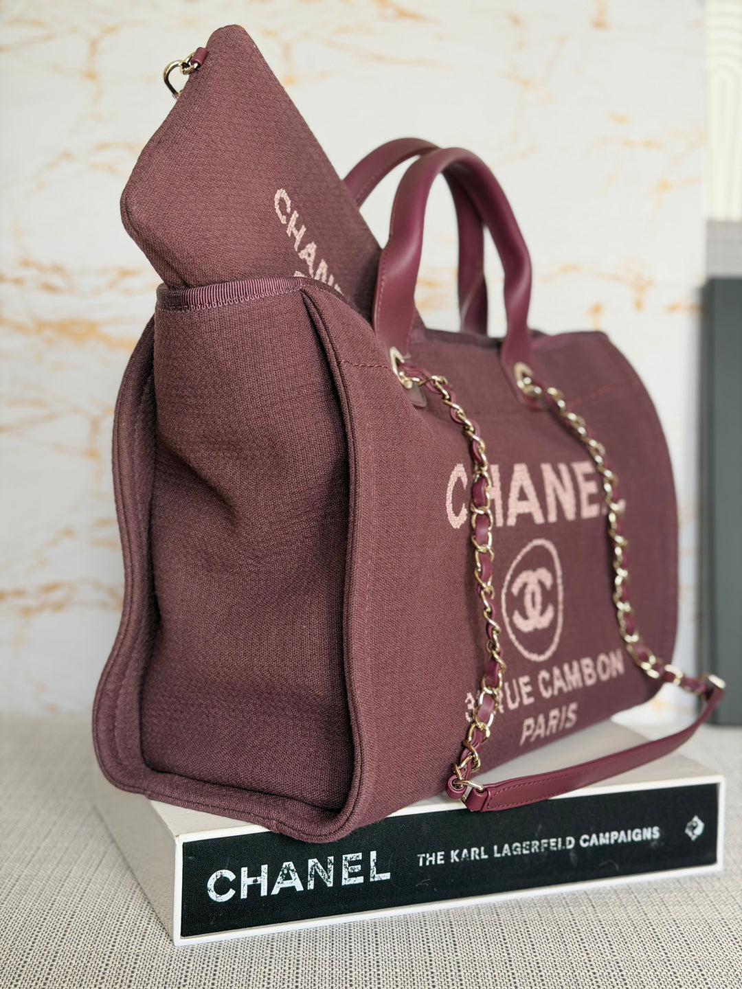 Chanel Burgundy Tweed Deauville Tote with Leather top handle size SMALL 13 inches 2024