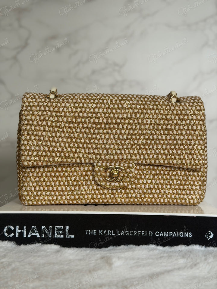 CHANEL series 17 Beige/Ivory Gold Tweed Medium ML Timeless Classic Double Flap Bag 2012 with LGHW