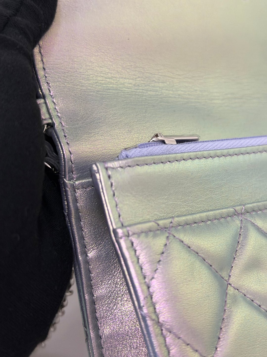 CHANEL 21K Silver Lambskin SHW Classic Wallet On Chain (WOC)