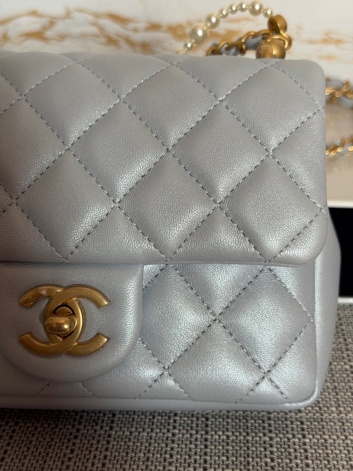 CHANEL Pearl Twist Pearly Light Blue Lambskin Mini Flap Bag 2023