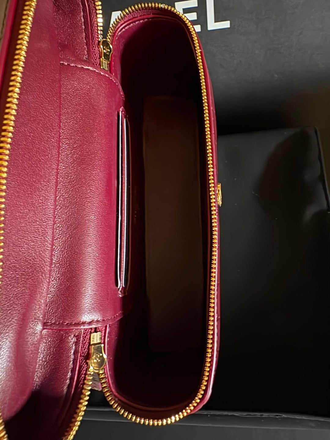 CHANEL 26B Burgundy Calf Skin Croc Embossed LGHW LP Long Vanity with detachable chain size SMALL 19 cms 2026