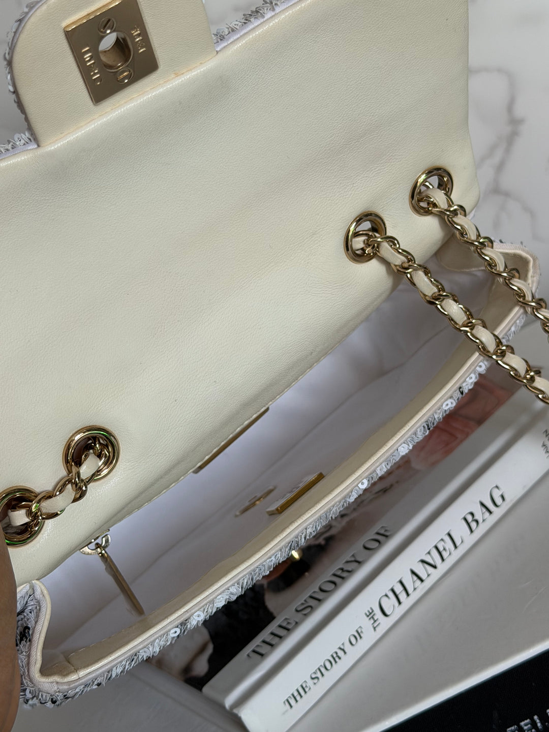 CHANEL 22C White and Black Sequin SMALL Flap Bag LGHW 2022