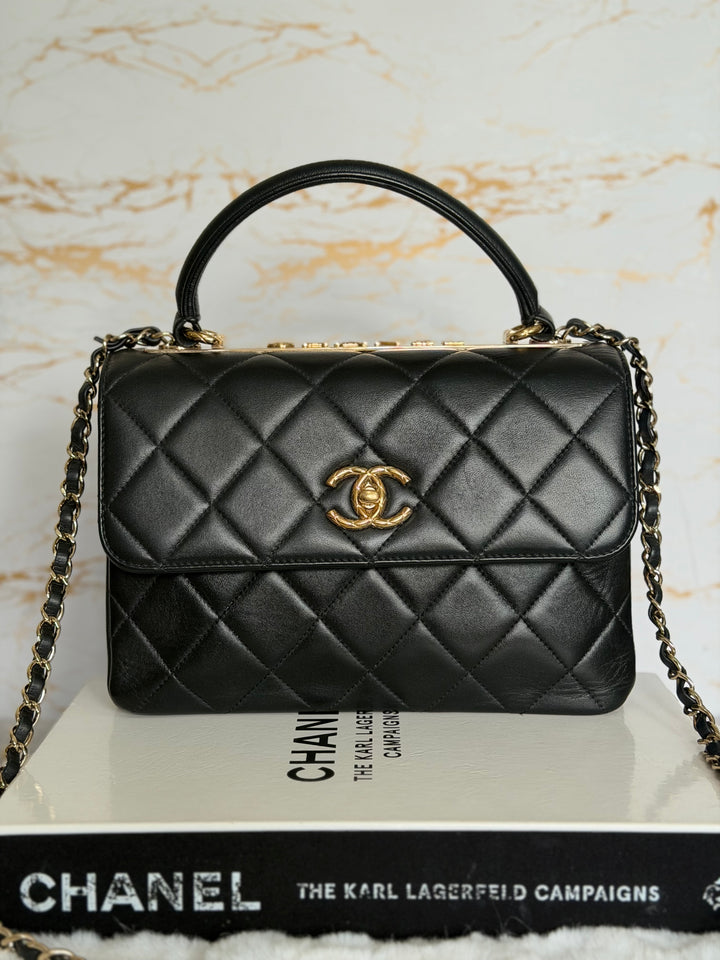 CHANEL Black Lambskin LGHW Trendy CC Flap Bag size SMALL with Non detachable Shoulder strap 2023