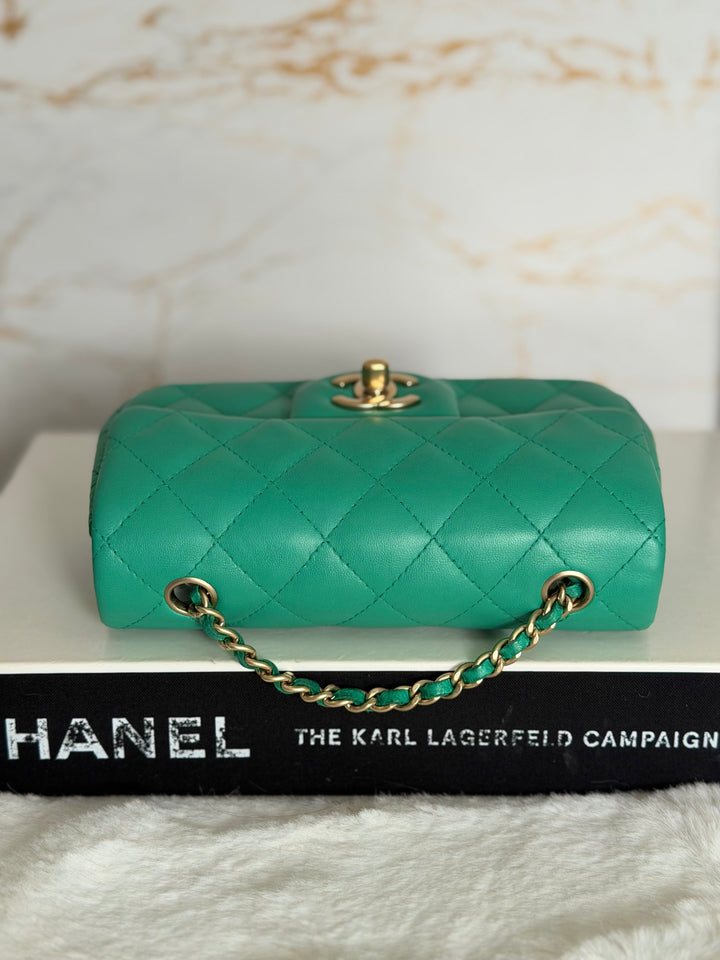 CHANEL series 21 Green Lambskin Brushed GHW Extra Mini Flap Bag 7.5 inches (discontinued line)