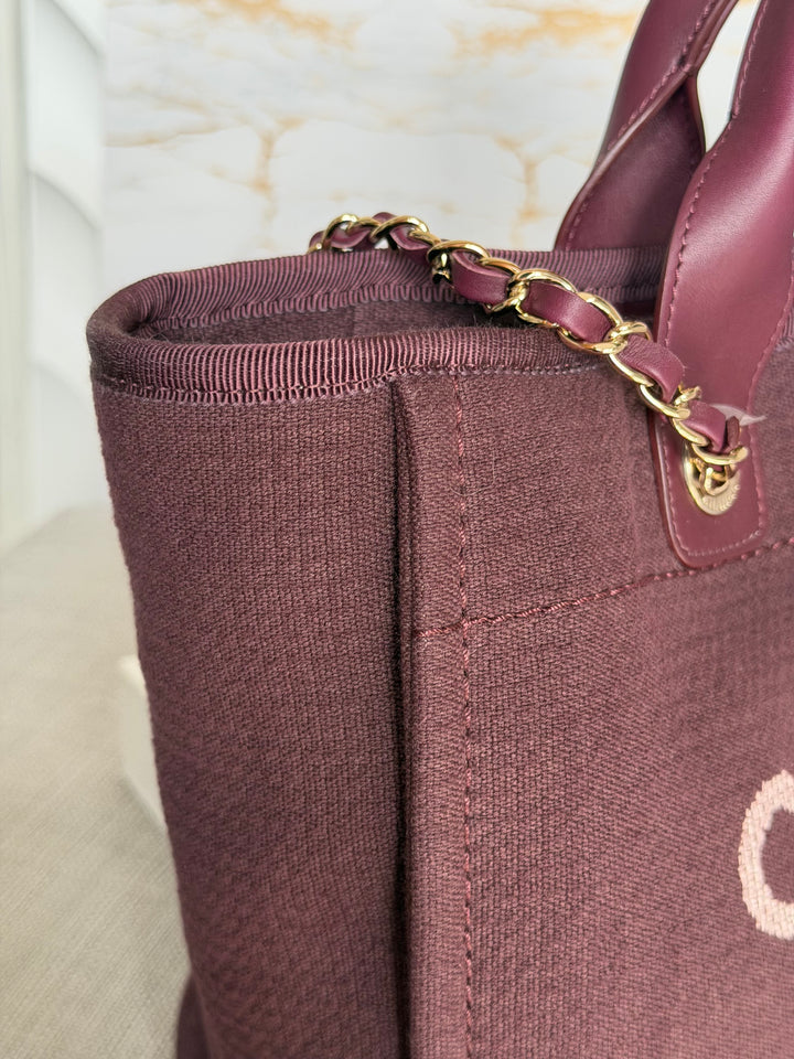 Chanel Burgundy Tweed Deauville Tote with Leather top handle size SMALL 13 inches 2024
