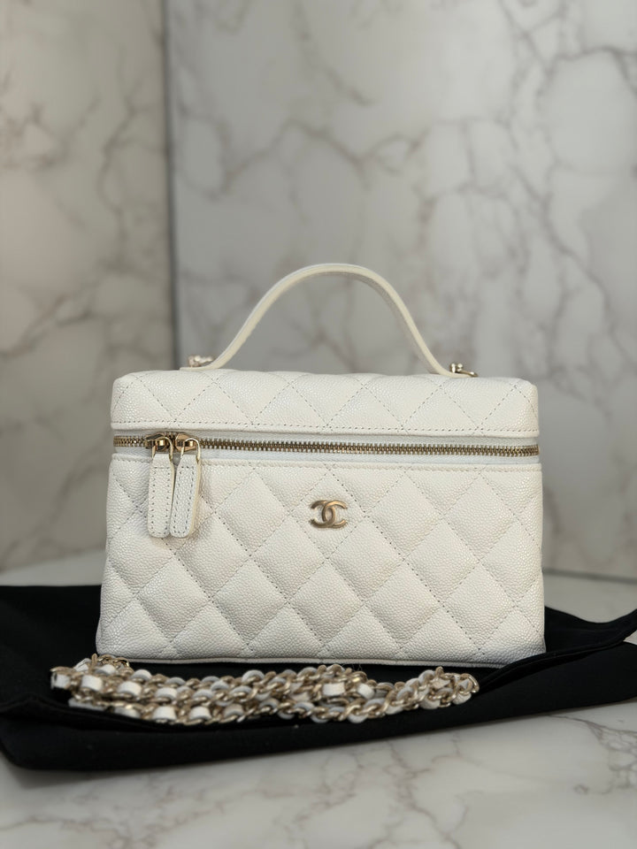 CHANEL 26C White Caviar LGHW Long Vanity with Detachable Chain