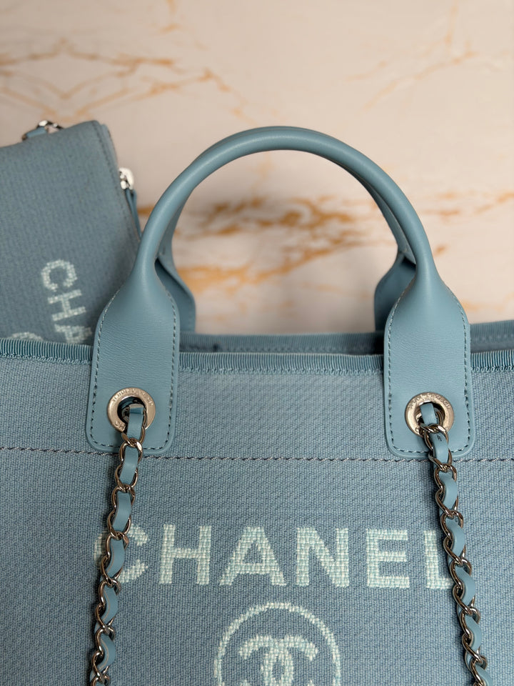 CHANEL Blue Tweed Deauville Tote Bag size SMALL with leather top handle SHW 2022