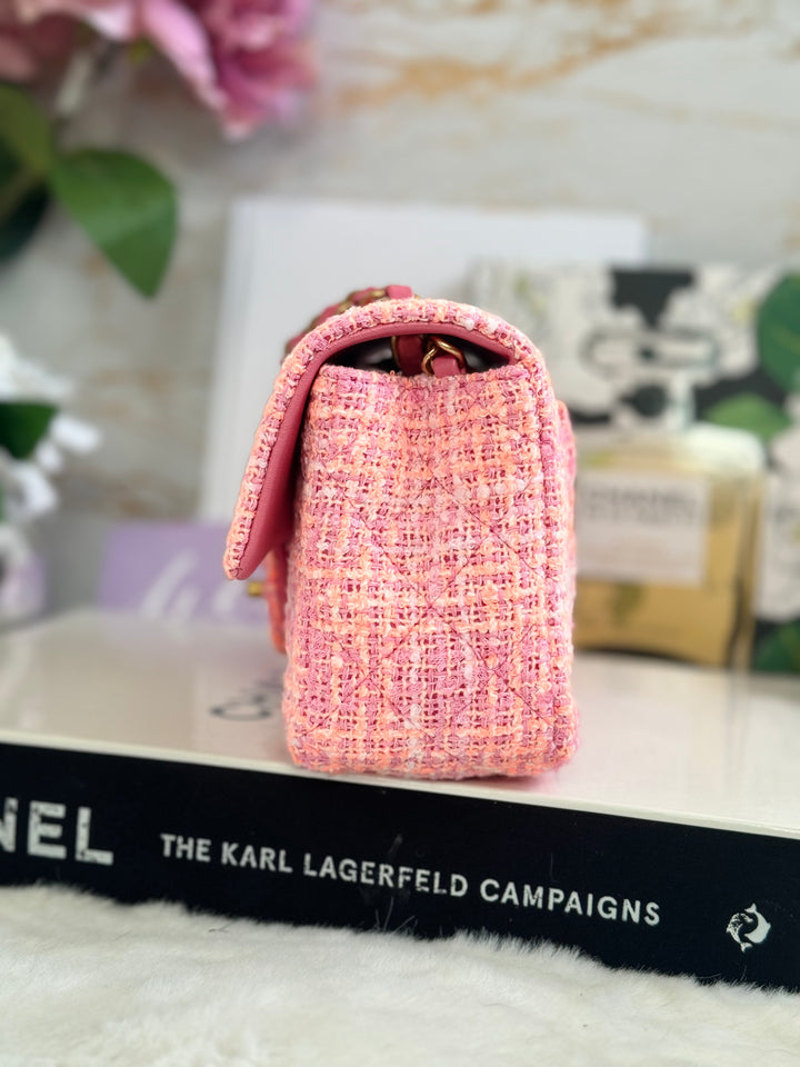 Chanel 24C 2024 Cruise Collection Tweed Pink Orange White Mini Rectangular Flap Bag with Aged GHW
