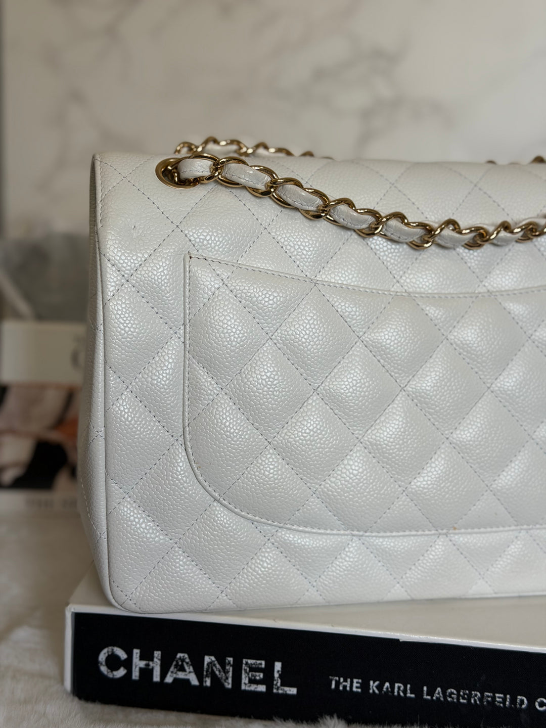 CHANEL White Caviar GHW Jumbo Double Flap Classic Bag 2010
