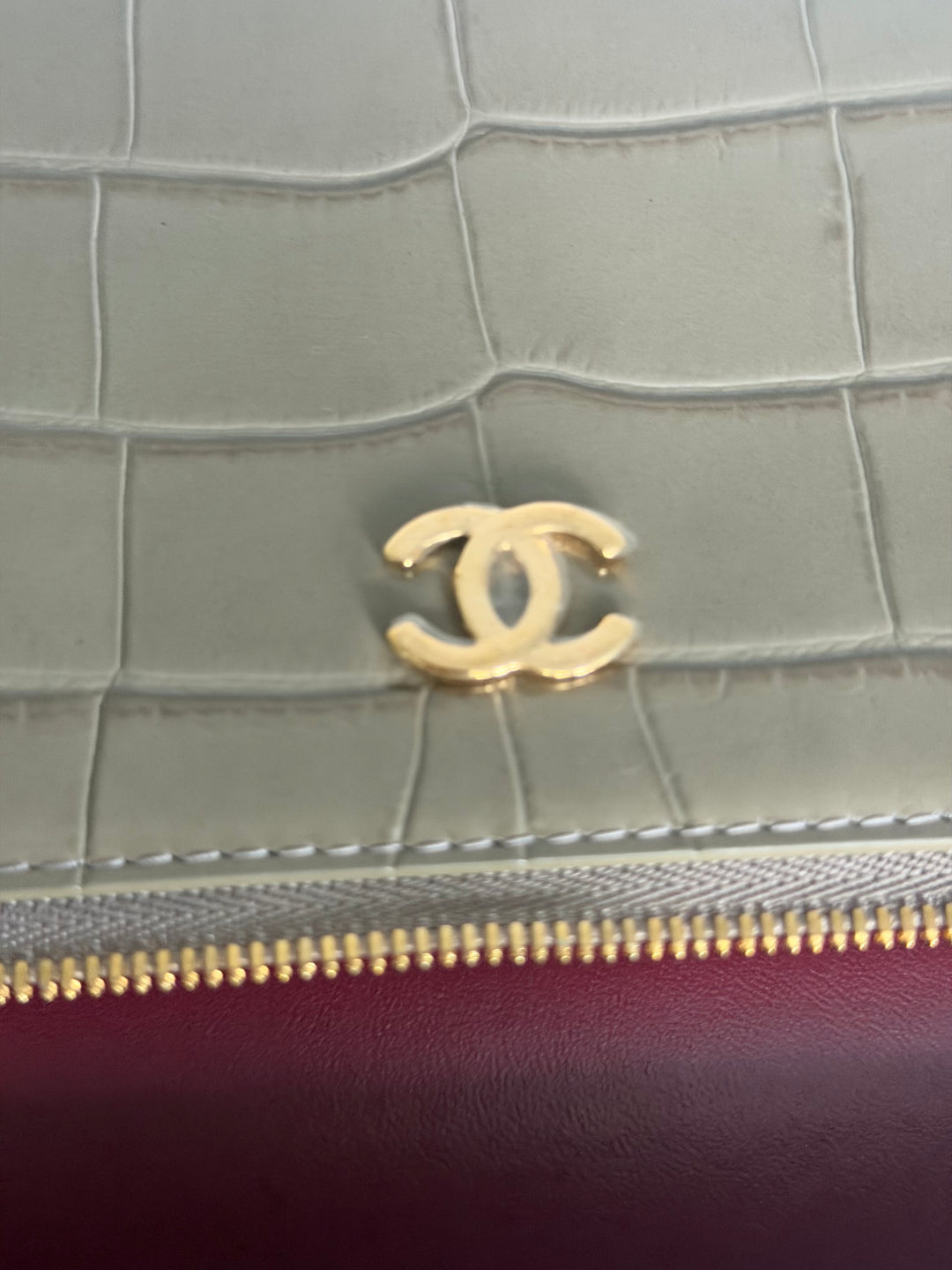 CHANEL 26A Etoupe Khaki Croc Embossed Calf skin LGHW LP Long Vanity size Medium 23 cms with detachable chain 2026