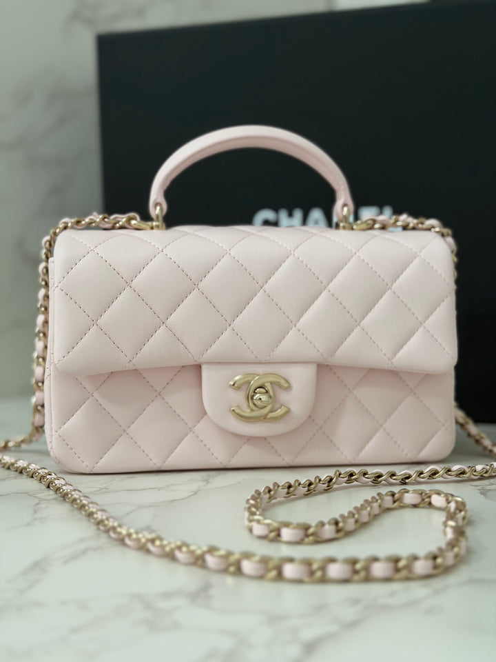 CHANEL 22P 2022 Sakura Light Pink Lambskin LGHW Mini Rectangular Flap Bag with Top Handle