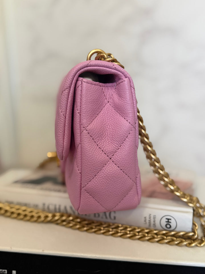 CHANEL 23P Mauve Pink Caviar Heart Adjustable Chain Aged GHW Mini Flap Bag 2023