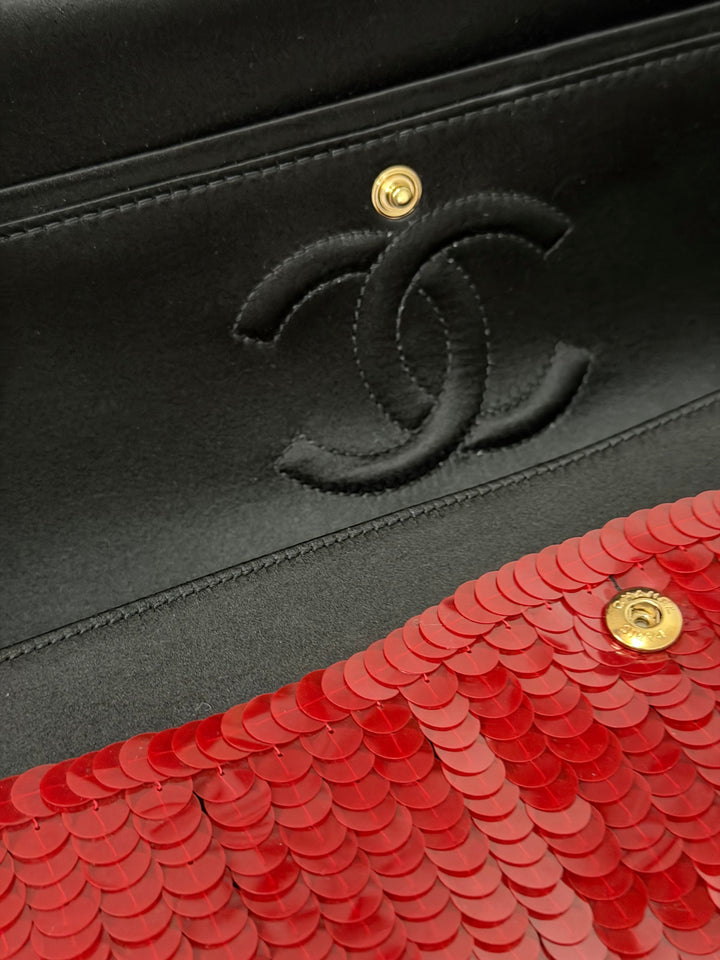CHANEL series 13 2010 Red Sequin and Black Satin Paris-Shanghai Medium Flap Bag Gold Hardware