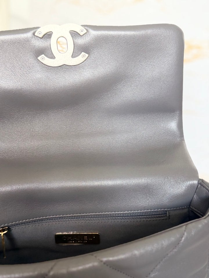 CHANEL Dark Grey Lambskin 19 Size SMALL/MEDIUM Mixed HW Flap Bag 2022 Microchipped