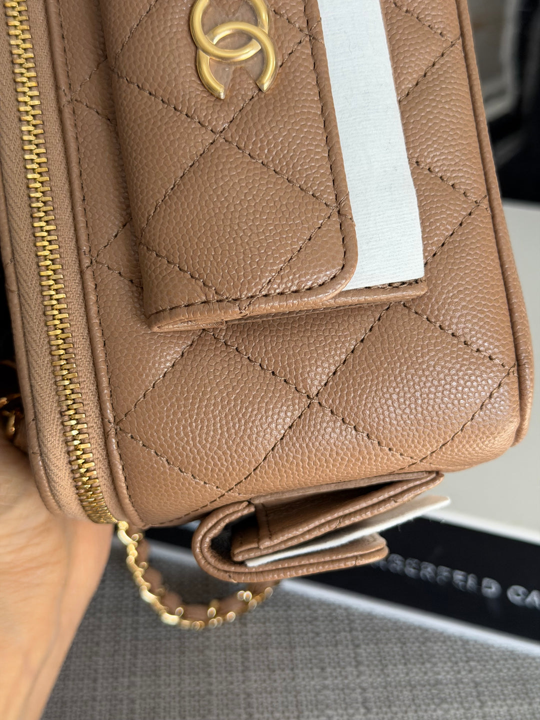 CHANEL Dark Beige Caviar Quilted Polly Pockets Cargo Small Vanity Case with Aged GHW 2023
