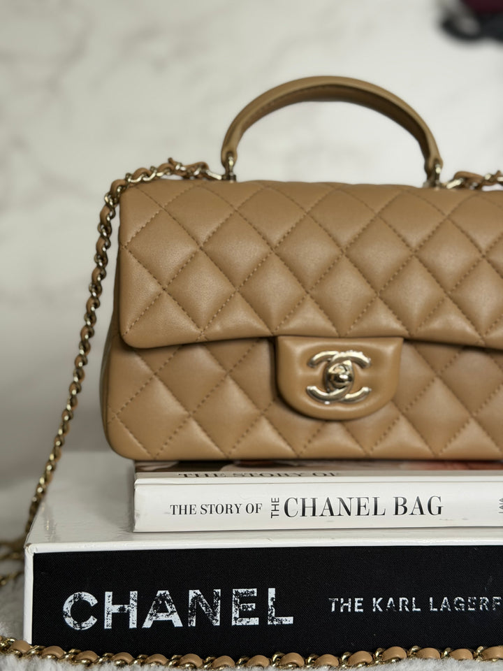 CHANEL Dark Beige Lambskin LGHW Mini Rectangular Flap Bag with Top Handle 2023