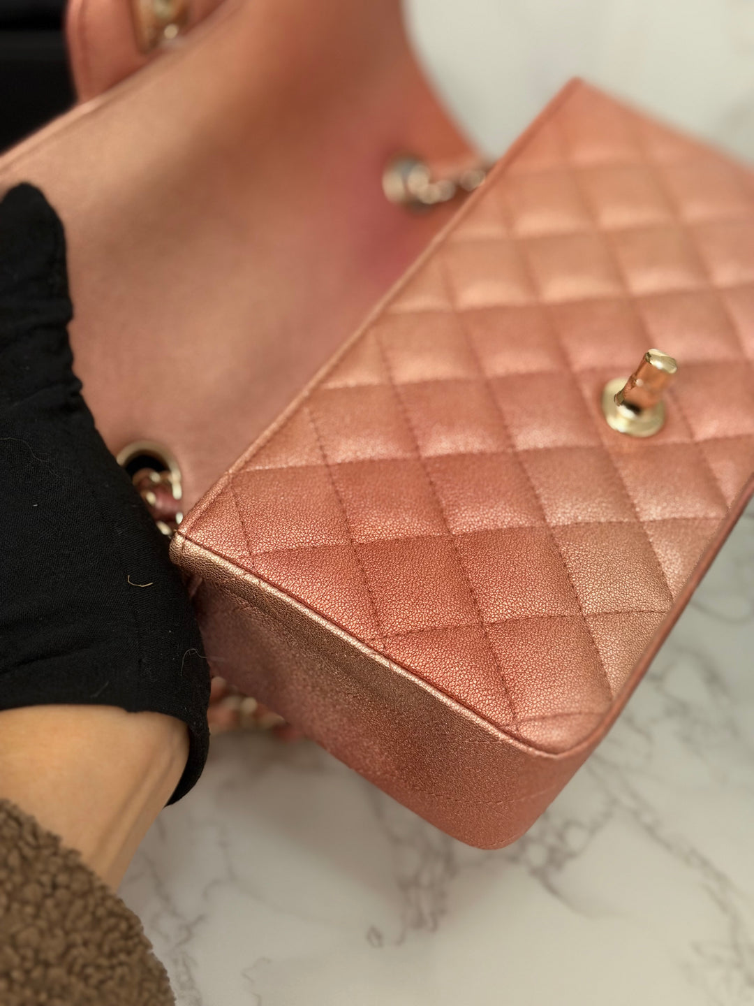 CHANEL 21S Ombré Rose Gold Metallic Copper Lambskin LGHW Mini Rectangular Flap Bag 2021