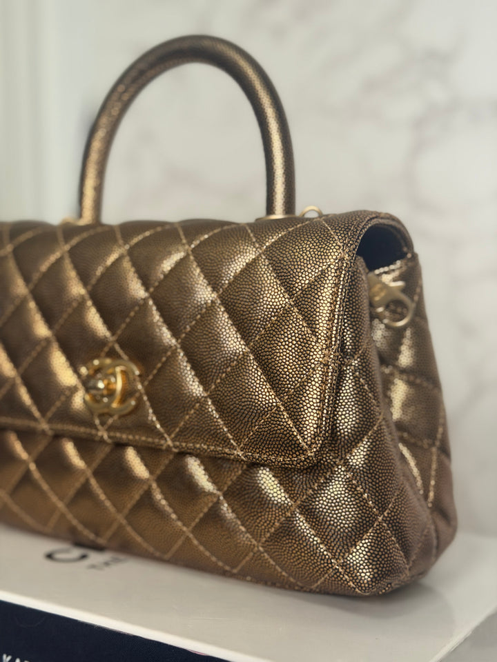 CHANEL series 28 19A Metallic Bronze Gold Caviar Aged GHW Coco Handle Flap Bag size SMALL with detachable shoulder strap 2019