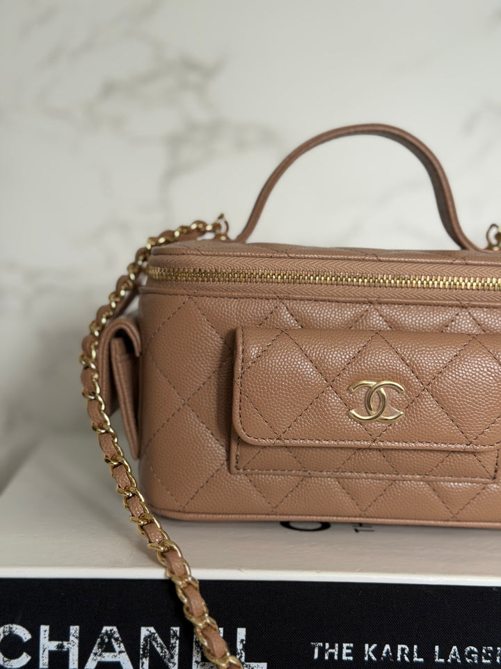 CHANEL Dark Beige Caviar Cargo Polly Pocket Vanity Case with Top Handle GHW 2023