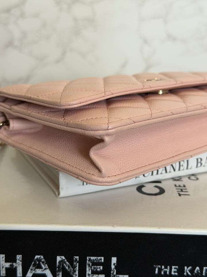 CHANEL Light pink/Nude pink caviar LGHW Classic Wallet on chain (WOC) 2024