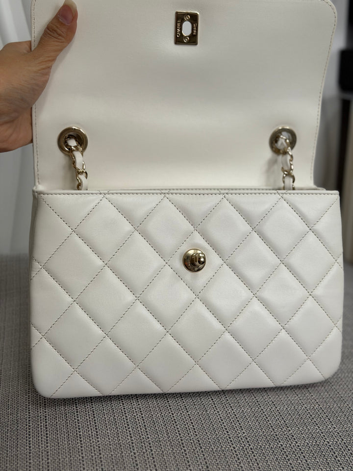 CHANEL 23S collection 2023 White Lambskin LGHW Trendy CC Flap Bag size Small with raised CHANEL Engraved Plate Top Handle