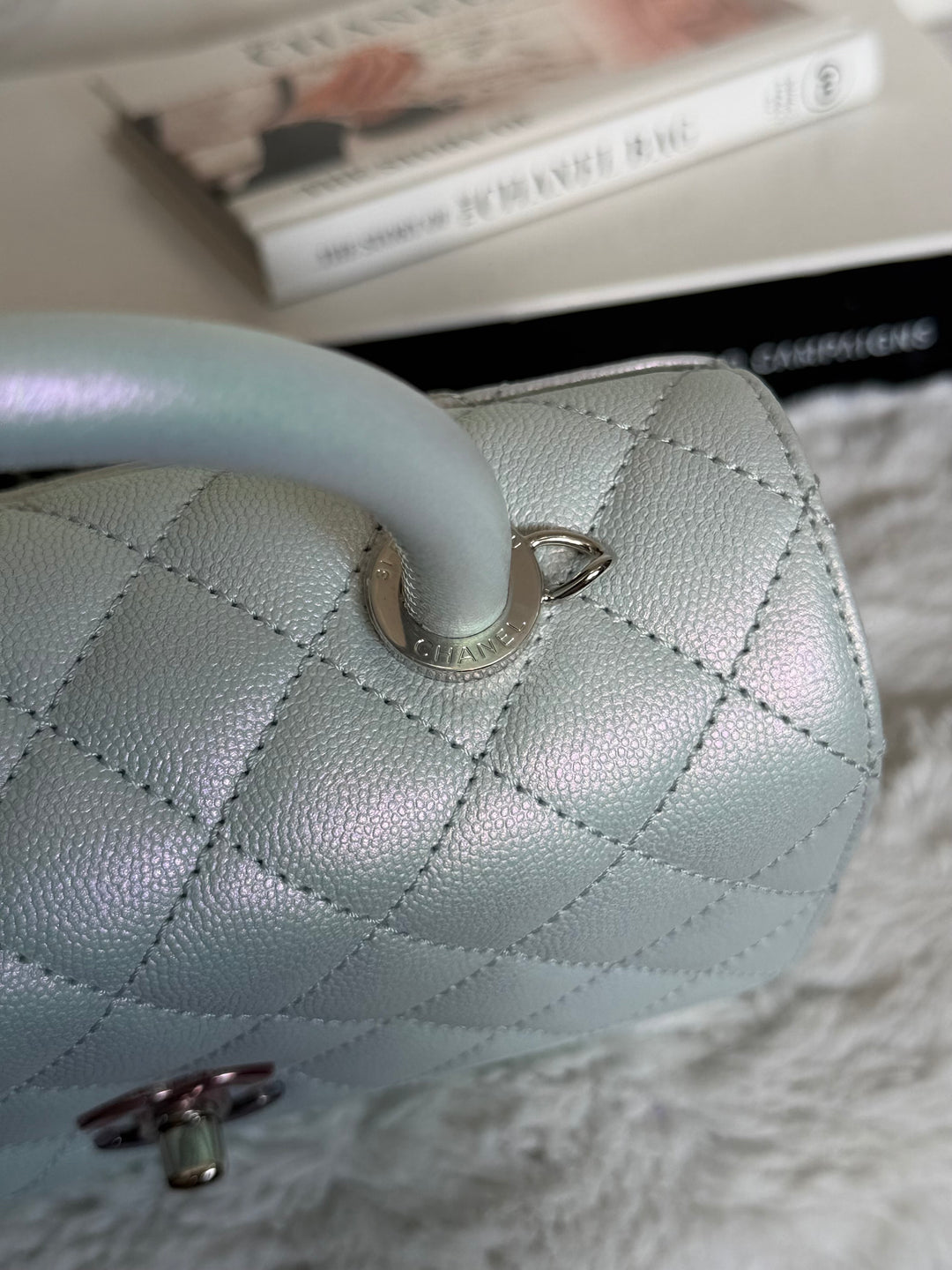 CHANEL 21K iridescent Light Blue Caviar Rainbow and shiny SHW Coco Handle Flap Bag size Small 2021