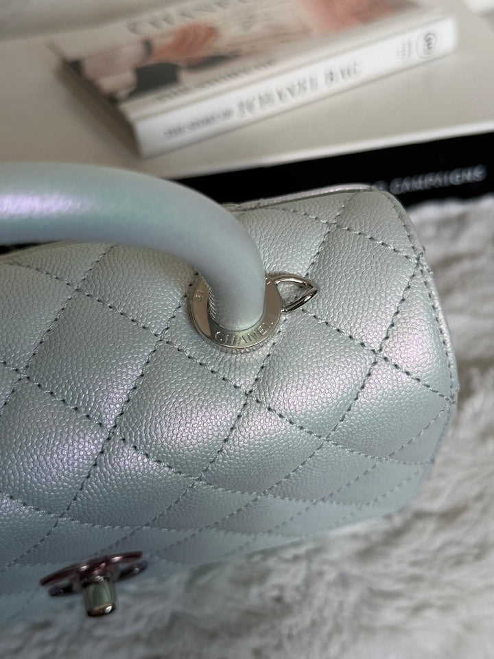 CHANEL 21K iridescent Light Blue Caviar Rainbow and shiny SHW Coco Handle Flap Bag size Small 2021
