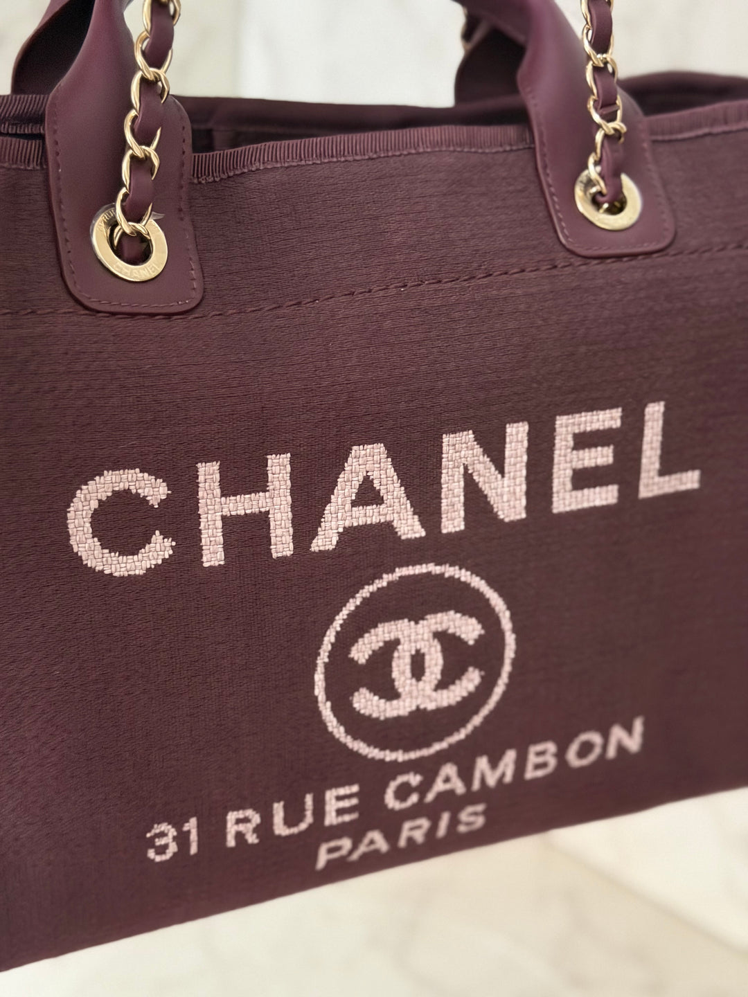 Chanel 24B Collection 2024 Burgundy Tweed Deauville Tote with Leather top handle size small and Detachable pouch