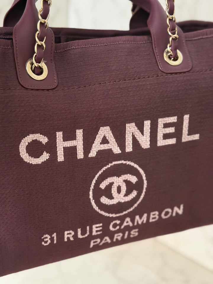Chanel 24B Collection 2024 Burgundy Tweed Deauville Tote with Leather top handle size small and Detachable pouch