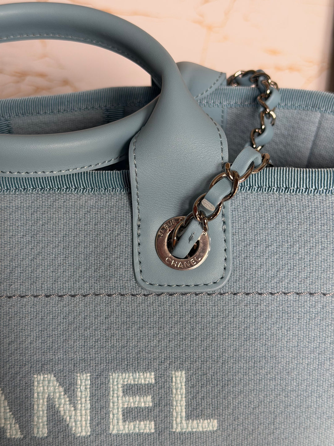 CHANEL Blue Tweed Deauville Tote Bag size SMALL with leather top handle SHW 2022