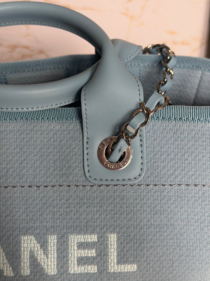 CHANEL Blue Tweed Deauville Tote Bag size SMALL with leather top handle SHW 2022
