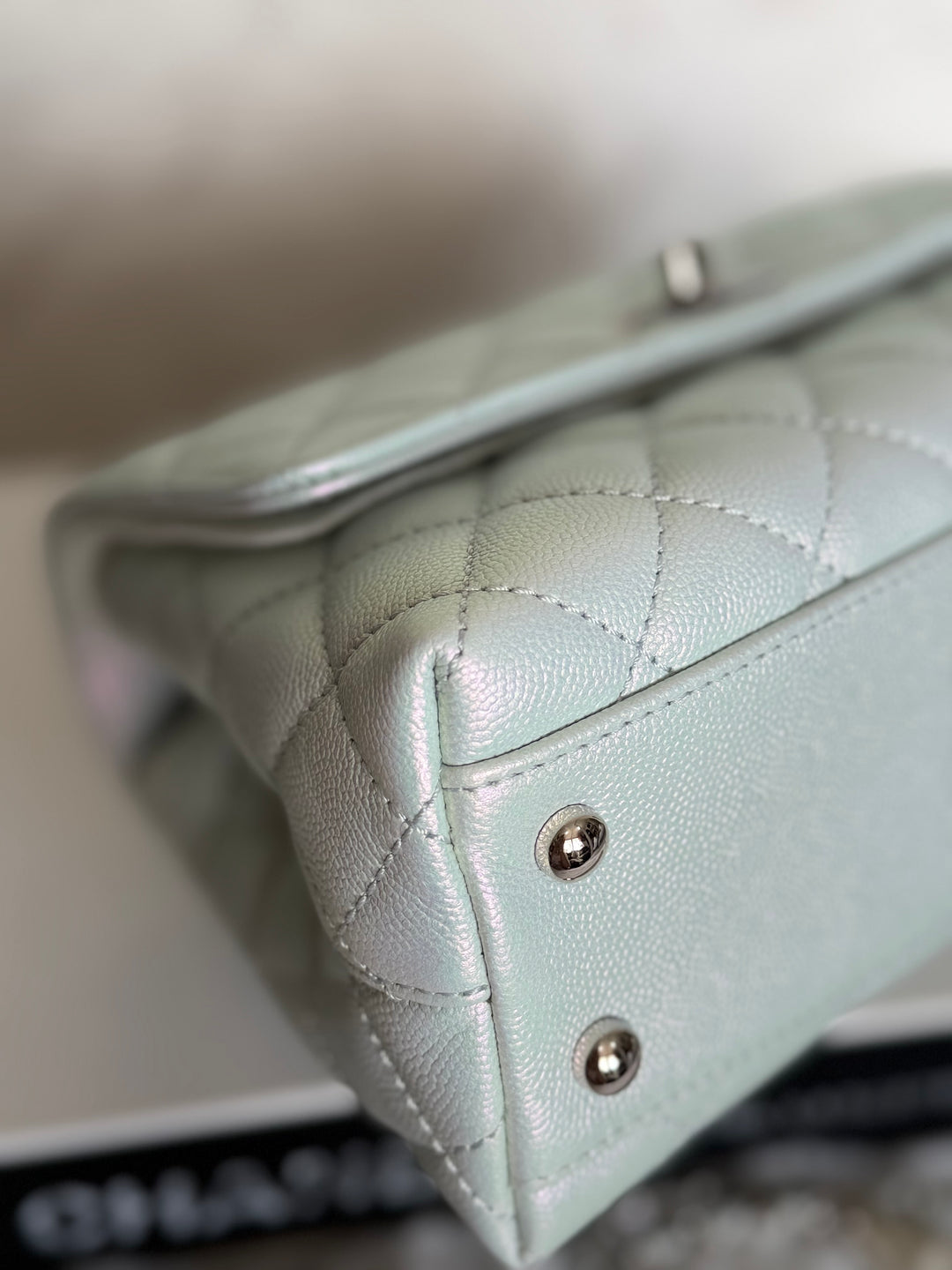 CHANEL 21K iridescent Light Blue Caviar Rainbow and shiny SHW Coco Handle Flap Bag size Small 2021