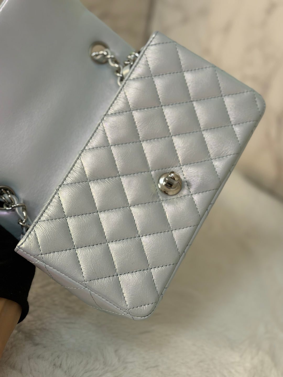 CHANEL 21K 2021 Iridescent light Blue Calf skin SHW Mini rectangular flap bag microchip