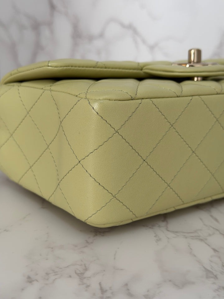 CHANEL 23C Collection 2022/2023 Cruise Pistachio Green Lambskin Mini Rectangular Flap Bag with Champagne GHW